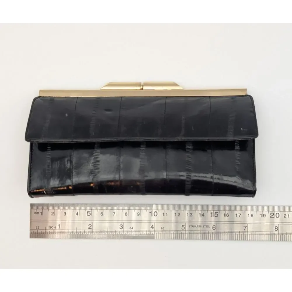 💜Vintage 1980s Black Genuine Eel Skin Kiss-Lock Clutch Wallet